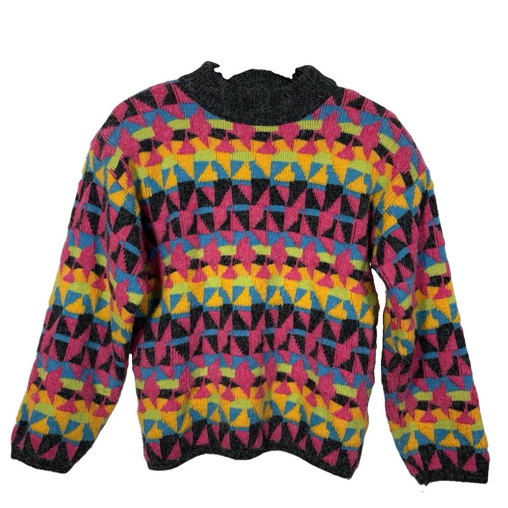 Vintage Geometric Sweater Small Mockneck Pullover Fuzzy Neon Kitty Hawk Vintage